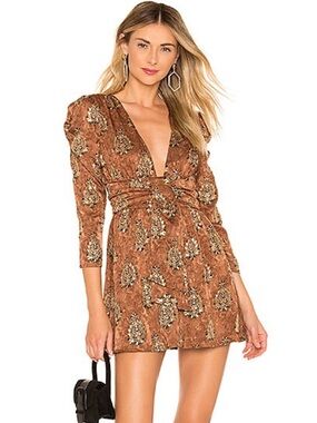 MAJORELLE Violeta Mini Dress Arabian Copper 3/4 Sleeve Boho Belted Large